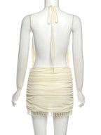 Patchwork Mesh Mini Dress With Lace-Up Halter Backless Tassel Detail