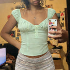 Crop Top With V Neck Cap Sleeves Button Front