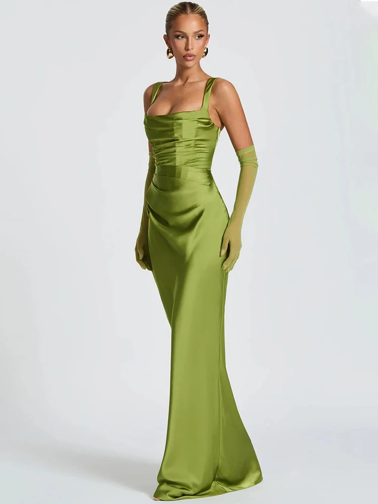 Elegant Satin Backless Halter Off-Shoulder Maxi Dress