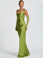 Elegant Satin Backless Halter Off-Shoulder Maxi Dress