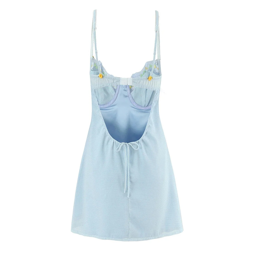 Women Sweet Lace Neckline Backless Short Dress