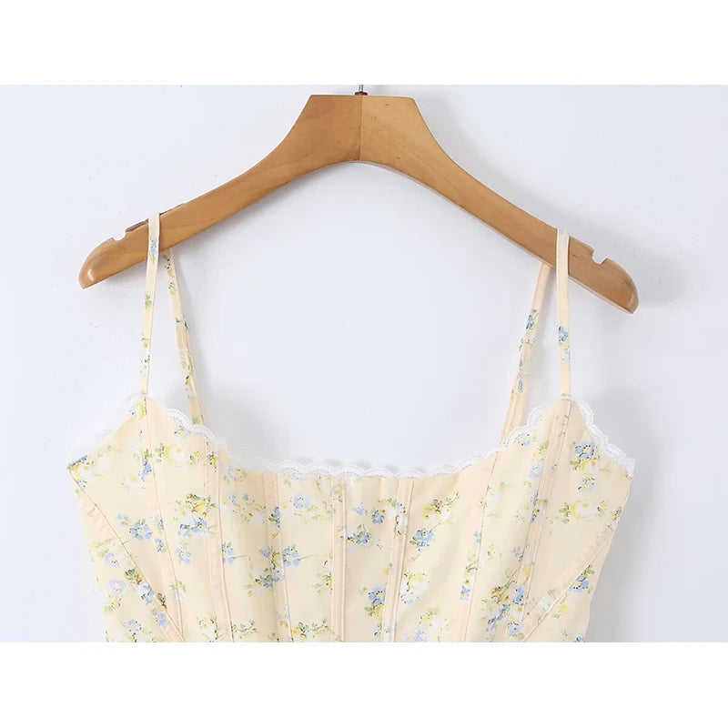Sunlit Yellow Floral Corset Top With Lace Trim And Delicate Spaghetti Straps
