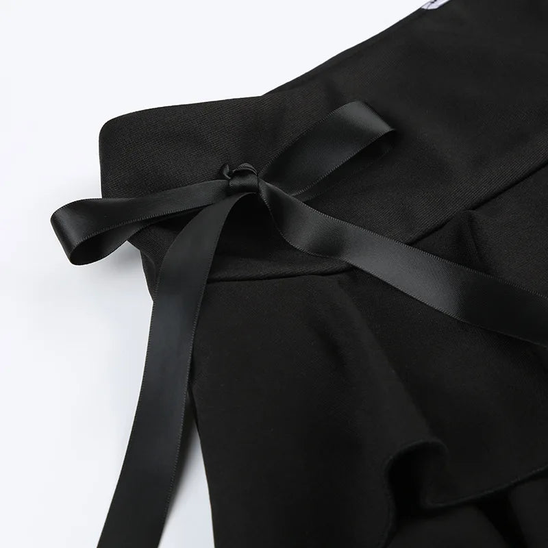 Black Tiered Mini Skirt With Lace Trim And Ribbon Bow A Line Grunge Lolita Look Vibe