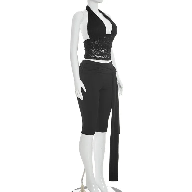 Halter Crop Top two piece Set With Patchwork Pants