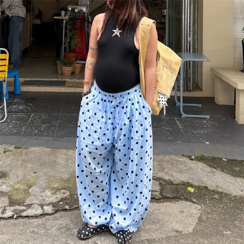 Polka Dot Wide Leg Pants For Women With Elastic Waist Trousers