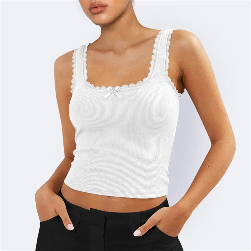 Coquette Lace Trim Knit Crop Top With Bow Sleeveless Square Collar