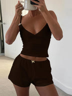 Sexy Bow 2-Piece Set Women Low Chest Backless Camisole+Shorts