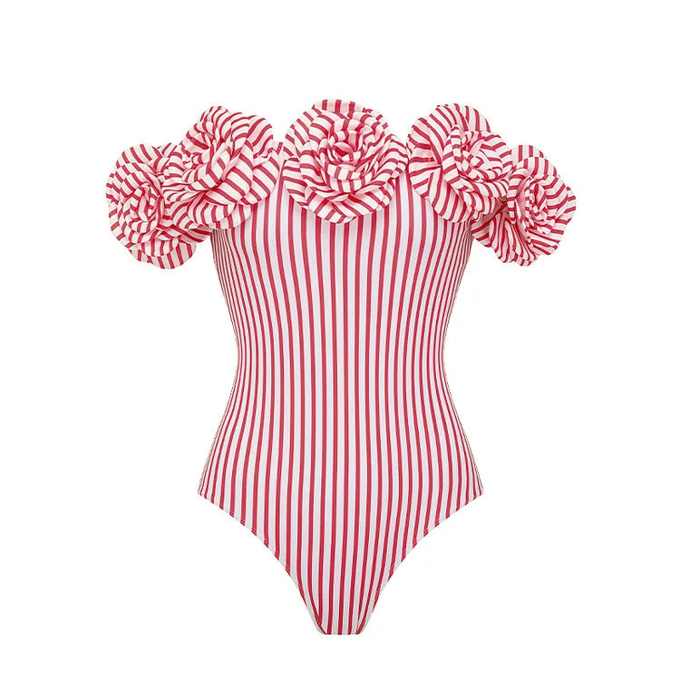 Women's One Piece Swimsuit Strapless 3D Floral Striped Monokini with Wire-free Padded