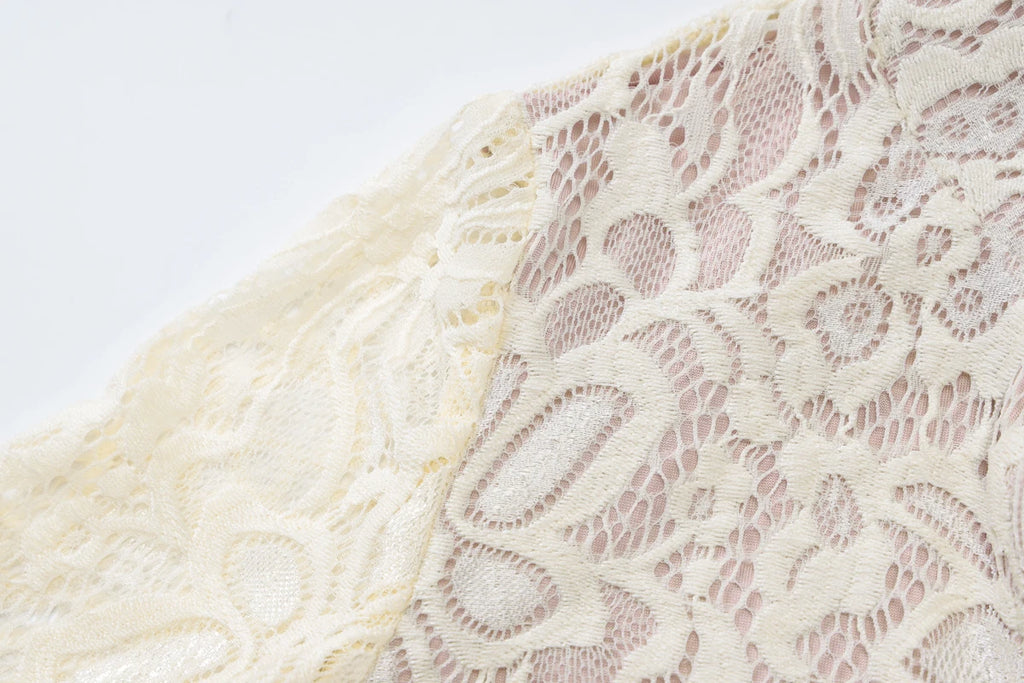 Lace Patchwork Hollow Out Mini Dress With Turtleneck And Long Flare Sleeves