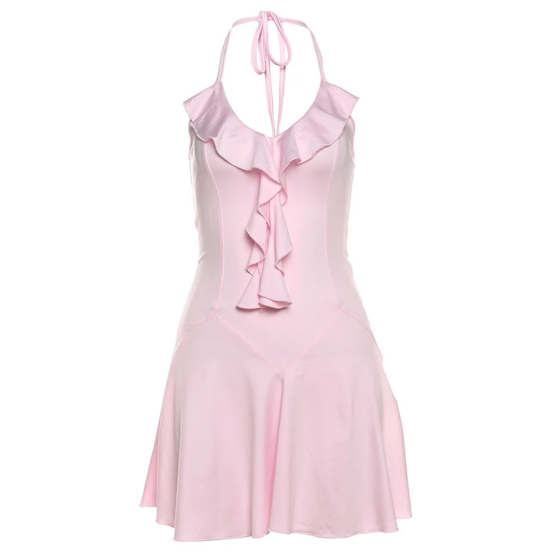 Halter Ruffle V Neck Backless Sexy Mini Bodycon Dress