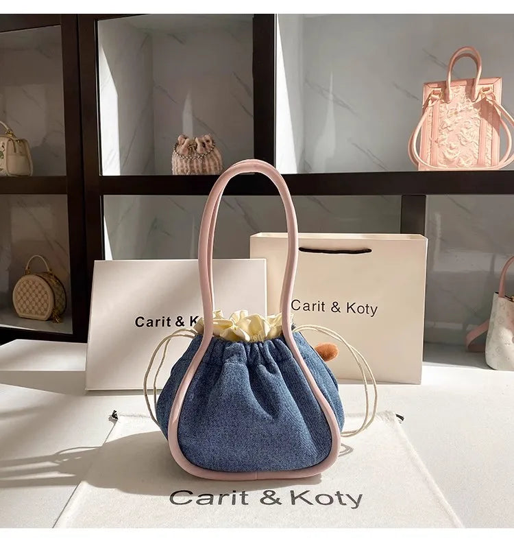 Cute Denim Embroidered Hobo Bag With Textured Finish