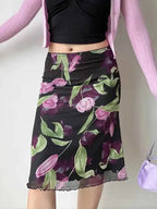 Vintage Floral Mesh High Waist Midi Mermaid Skirt