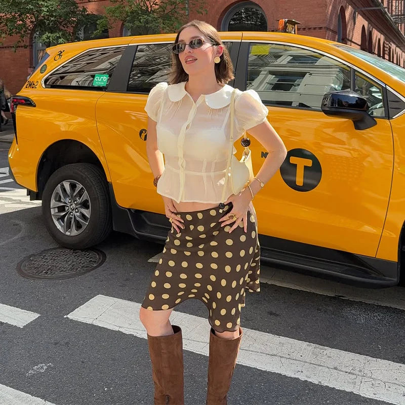 Polka Dot Satin Mesh Midi Skirt With High Waist A Line