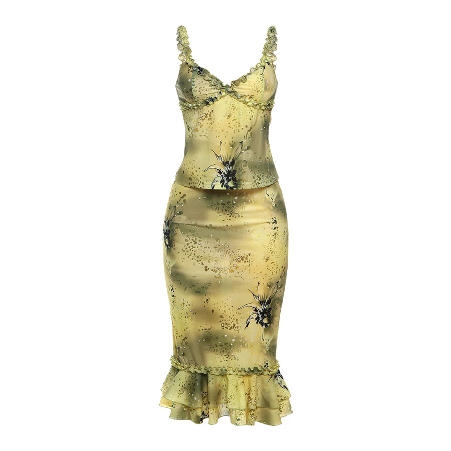 See Through Two Piece Set With Ruffles Patchwork Camisole And Tiered Skirts
