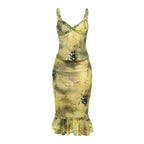 See Through Two Piece Set With Ruffles Patchwork Camisole And Tiered Skirts
