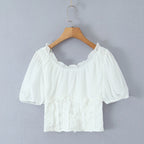 Sunlit Vintage Puff Sleeve V Neck White Chiffon Crop Top Blouse