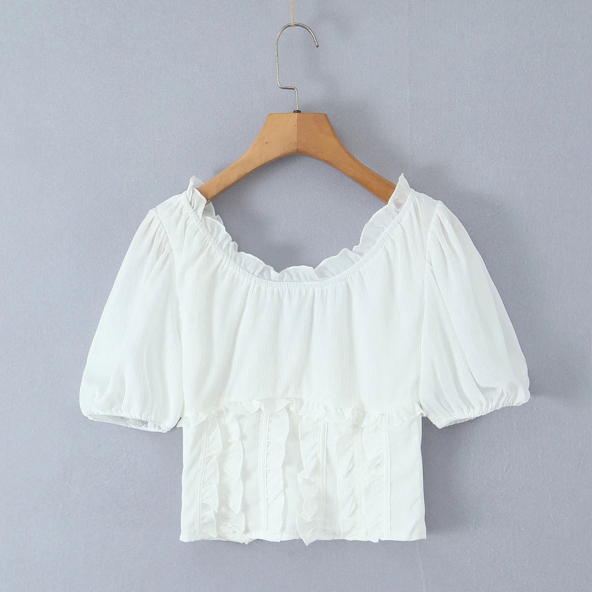 Sunlit Vintage Puff Sleeve V Neck White Chiffon Crop Top Blouse