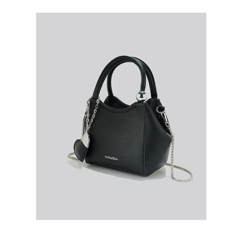 Romantic Litchi Grain Mini Shoulder Bag With Heart Pendant And Delicate Chain Strap