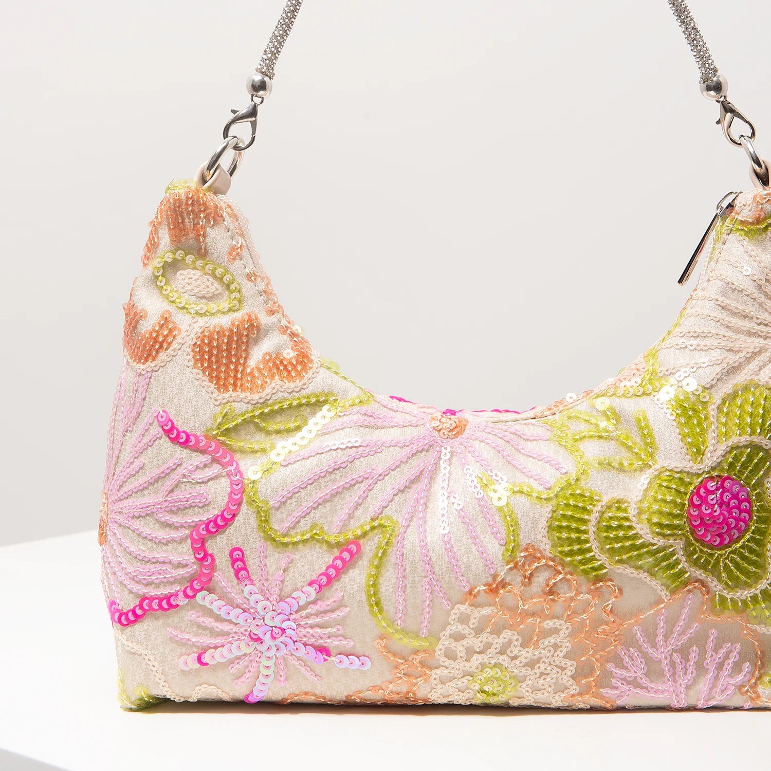 Floral Embroidered Sequin Shoulder Bag For Women Crescent Shape Evening Purse
