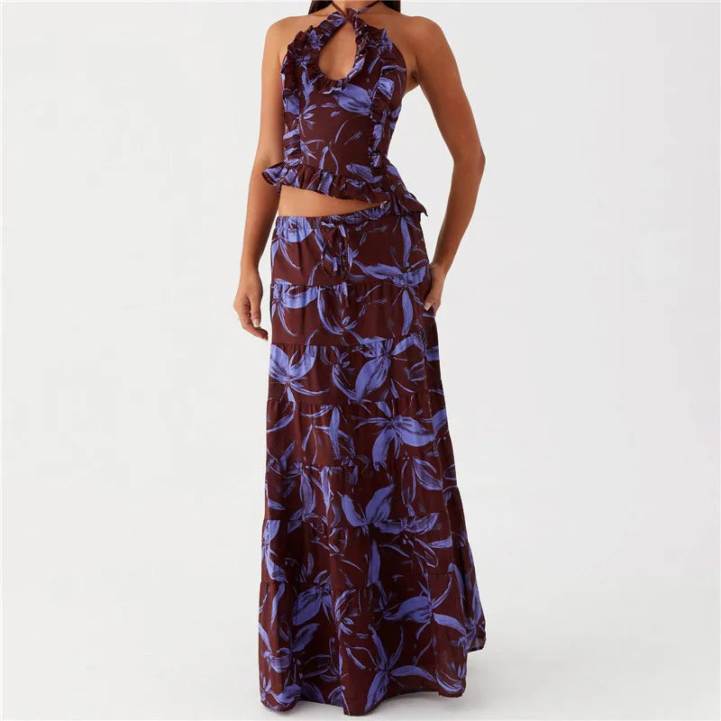 Halter Crop Two Piece Maxi Skirt Set With Ruffle Tiered Flowing Silhouette