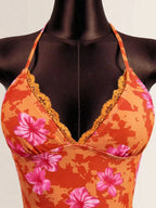 Orange Embellished Tropical Flower Print Two Piece Bikini Set With Lace Trim Halter Neck Tie Side