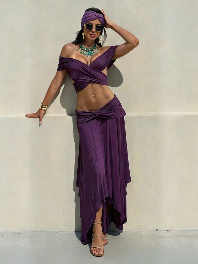 Sultry Slash Neck Two Piece Set With Backless Crop Top And Elastic Waist Maxi Skirt