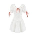 Vintage Bowknot White Dress With Square Collar Cotton Hollow Out