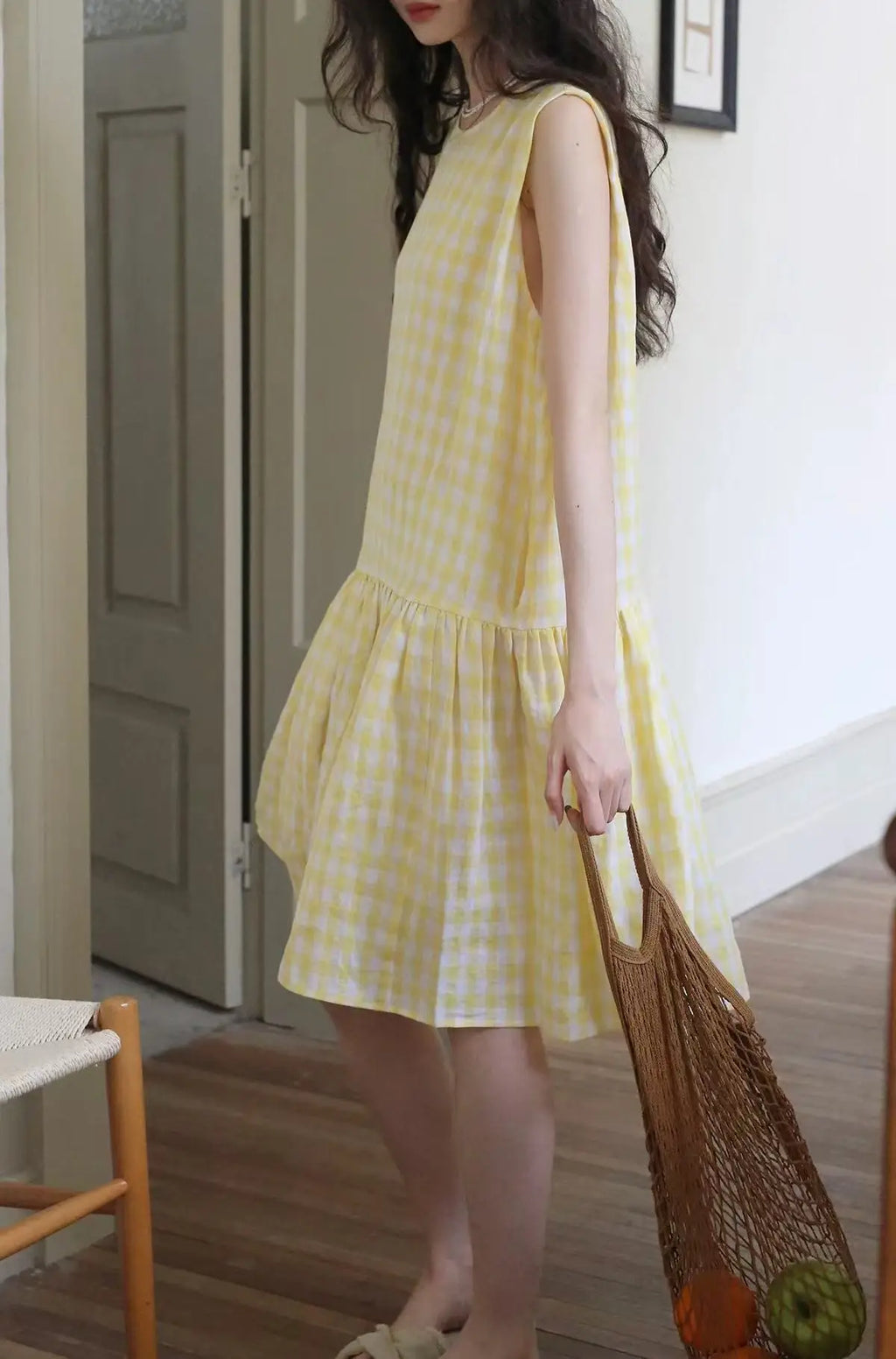 Sunny Plaid Cotton Dress Sleeveless Round Neck Vacation Dress