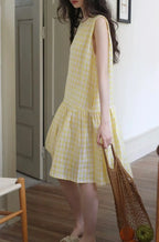 Sunny Plaid Cotton Dress Sleeveless Round Neck Vacation Dress