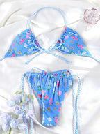 Floral Bow Pink Bikini Swimsuit For Women Low Waist Bandage Beachwear Chic Summer Bathing Suit