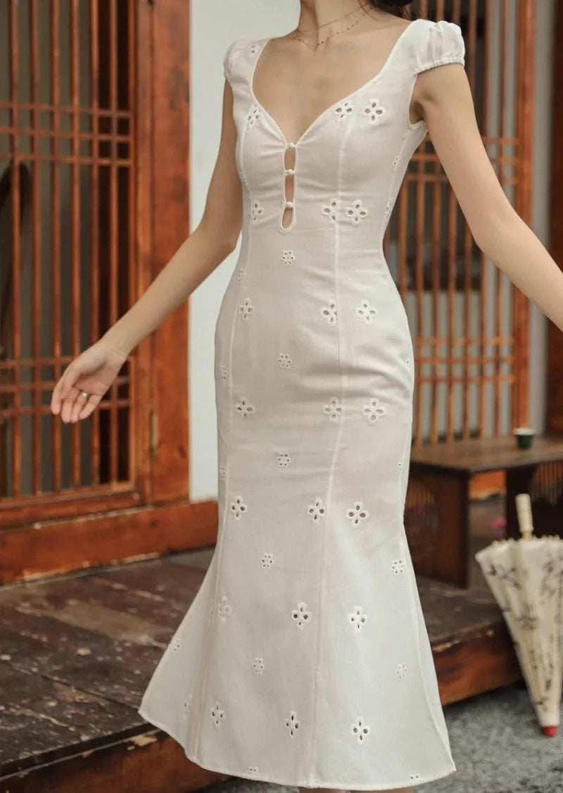 Elegant White V Neck Bodycon Dress With Hollow Out Detailing
