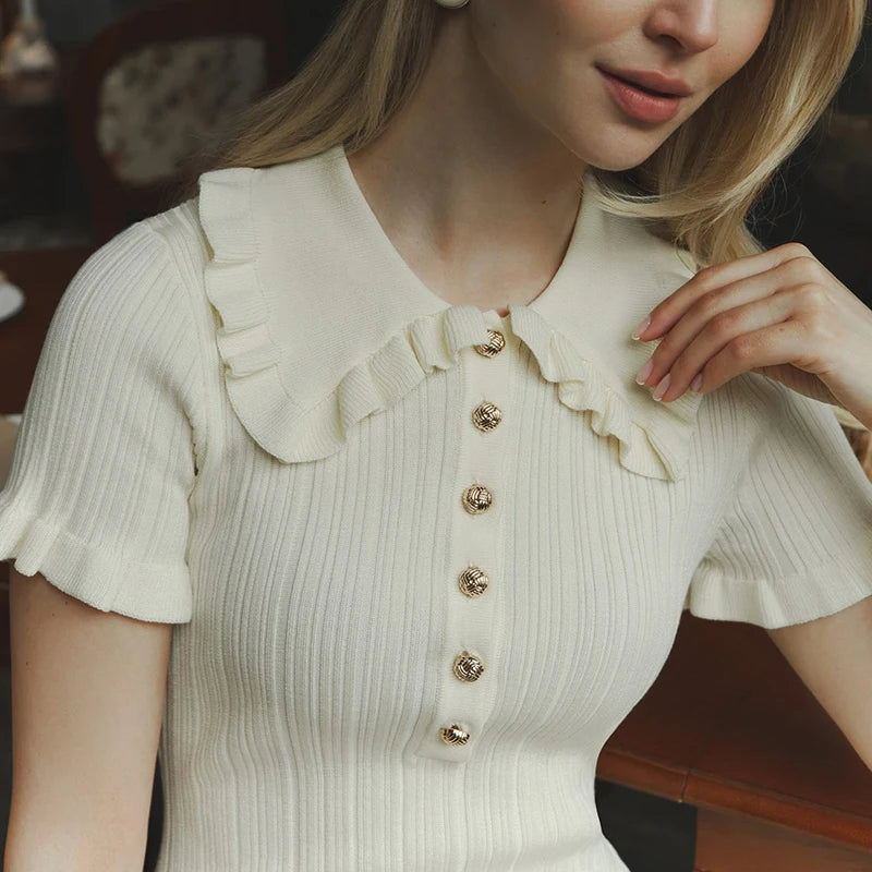 Ruffled High Waist Mini Dress Short Sleeve Knit Elegant Vintage