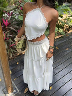 Boho Two Piece Lace Trim Cami Top And Tiered Maxi Skirt Set