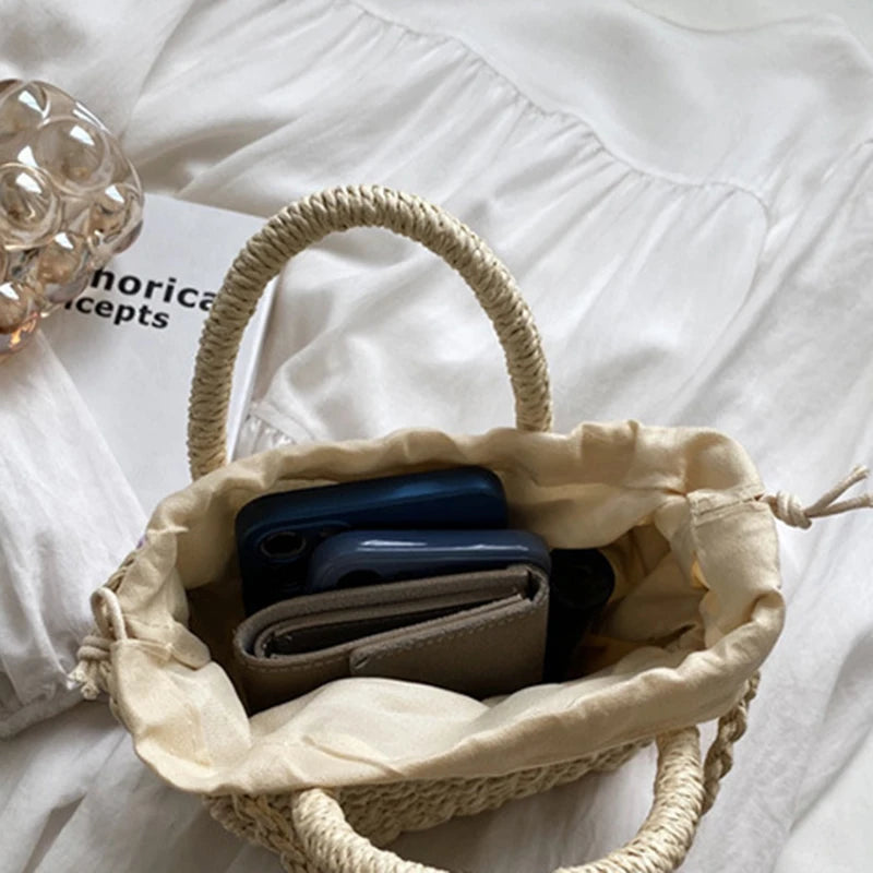 Straw Woven Shoulder Bag With Floral Details