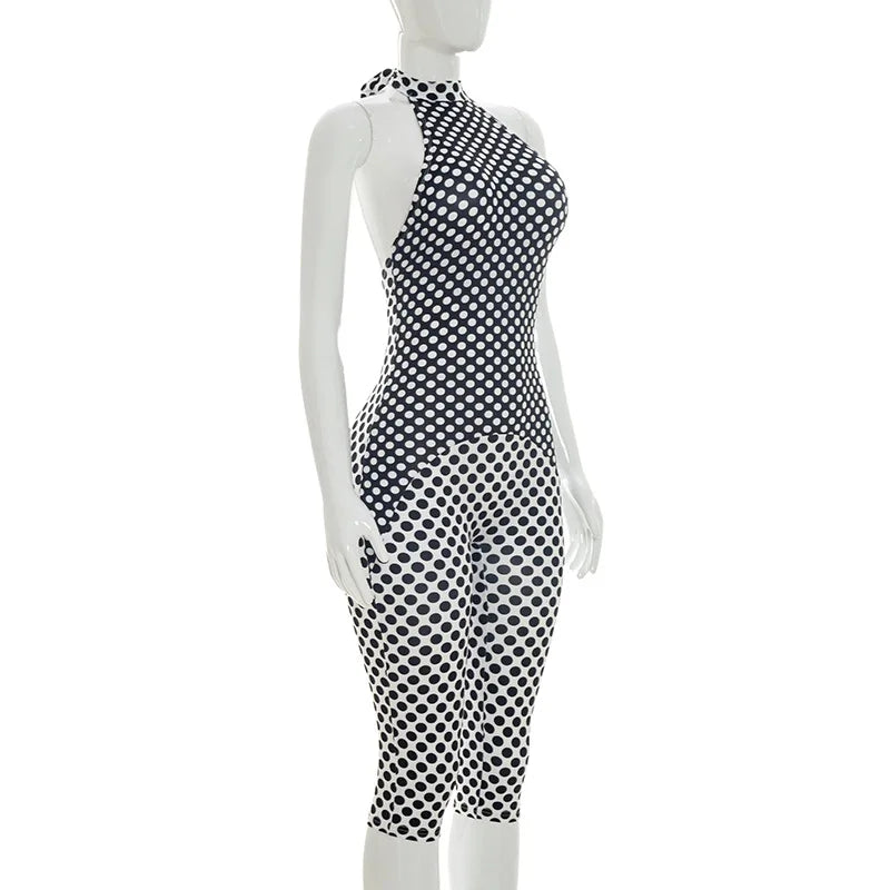 Polka Dot Halter Romper For Women Backless Sleeveless Slim Fit