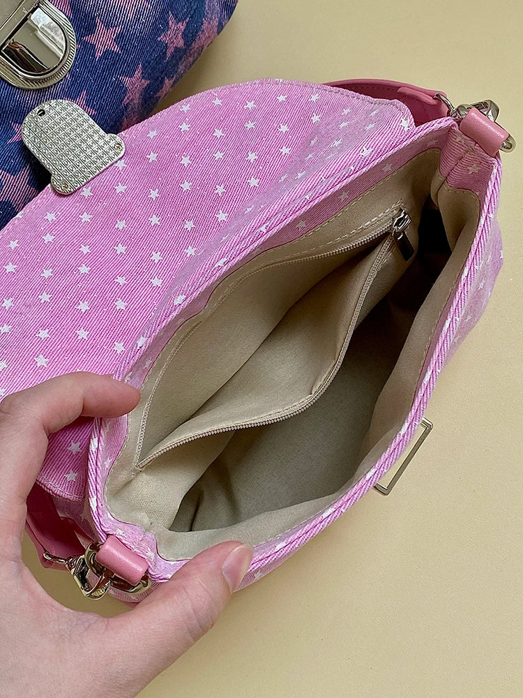 Contrast Color Star Print Crossbody Bag for Women Lightweight Shoulder Purse With Buckle