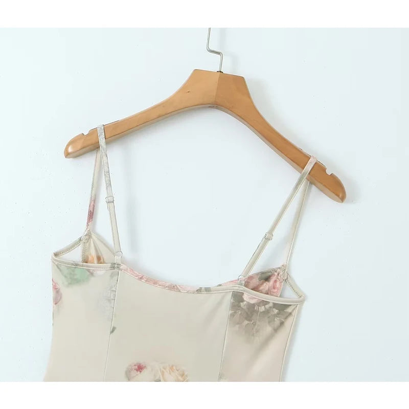 Women Vintage Floral Print Knit High Stretch Sling Mini Dress