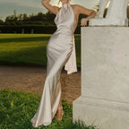 Satin Halter Backless Maxi Dress With Ribbon Tie Sleeveless Evening Gown