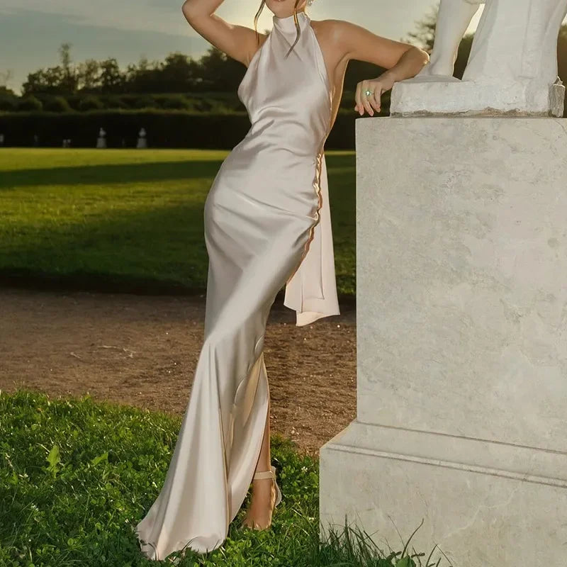 Satin Halter Backless Maxi Dress With Ribbon Tie Sleeveless Evening Gown