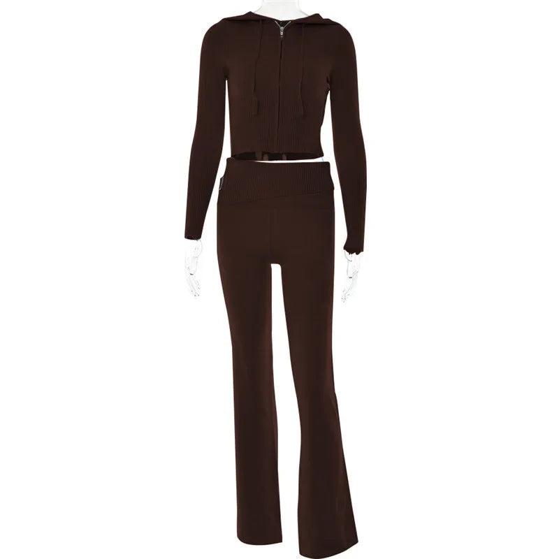 Ribbed Knit Two Piece Tracksuit Set With Hooded Crop Top And Elastic Zippered Pants
