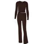 Ribbed Knit Two Piece Tracksuit Set With Hooded Crop Top And Elastic Zippered Pants