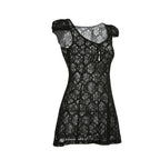 Sheer Lace Mini Dress With V Neck Short Sleeves Hollow Details