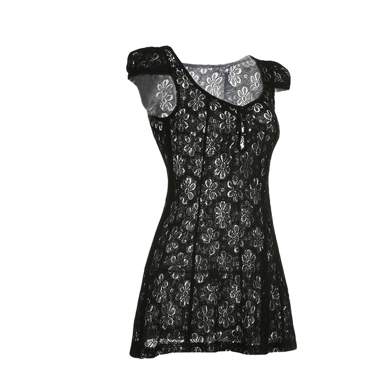 Sheer Lace Mini Dress With V Neck Short Sleeves Hollow Details