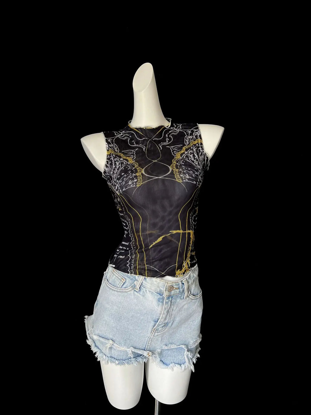 Chic Double Layer Mesh Tee With Elegant Print And High Collar Short Sleeve Women Net Shirt