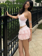 Retro Style Set For Summer Elegant Backless Camisole Top And Tiered Mini Skirt