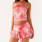 Women 2Pcs Y2K Fashion Strapless Tie-up Front Tube Tops Mini Skirt Set