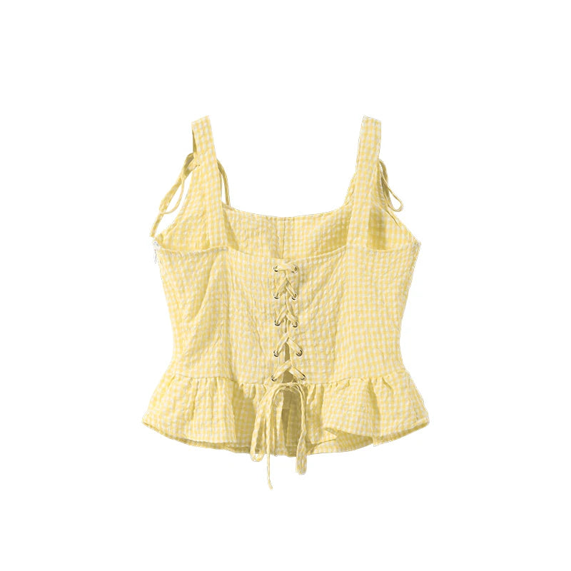 Sunny Plaid Sling Top With Ruffles V Neck Sleeveless