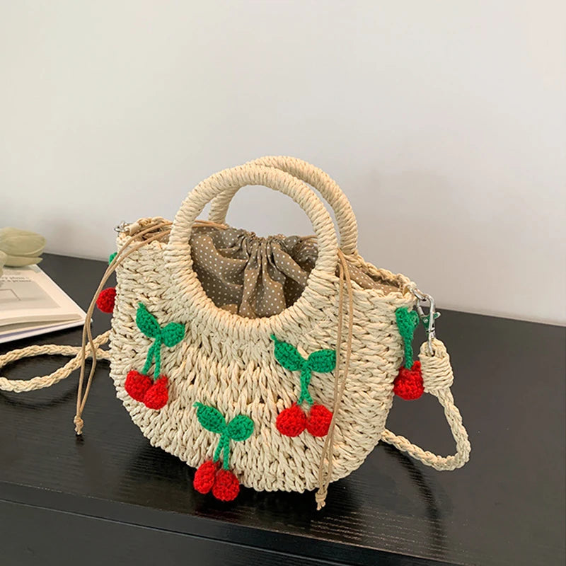 Cherry Deco Chic Shoulder Bag Mini Basket Purse Paper Weave Handmade