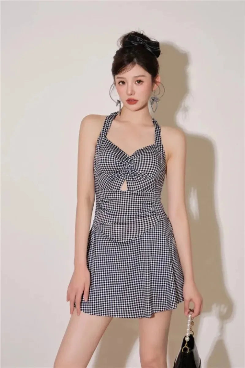 Plaid Backless Swim Dress With Halter Neck