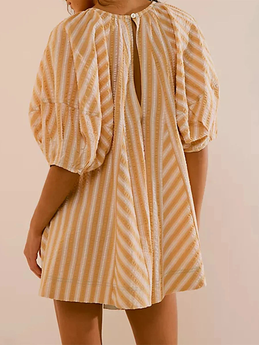 Y2k Rompers Sexy Loose Puff Sleeve V Neck Striped Jumpsuits Shorts Overalls Dress